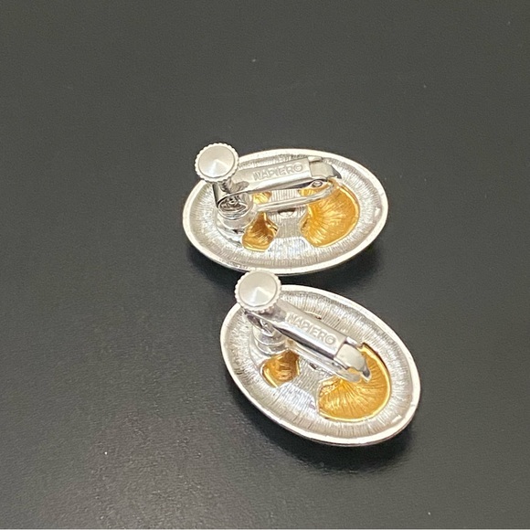 Vintage NAPIER 2-tone High Polished Metal Oval Cabochon Modernist Earrings 12g. - Picture 12 of 14